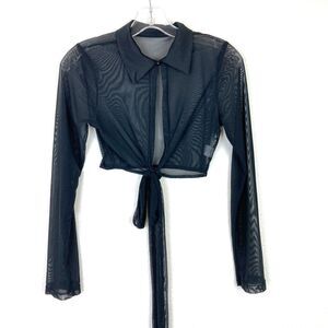 Whimsygoth Mesh Crop Jacket Size L Black Sheer Witchy Goth Festival Long Belt